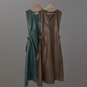 여성 브이넥 민소매 A라인 가을용 가죽 롱드레스