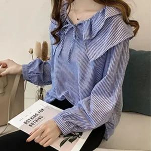 [라일리여성의류] Rly 반팔 오프숄더 퍼프 블라우스 여성 스트라이프