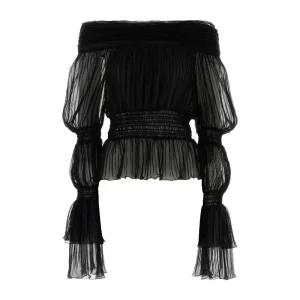 오프숄더 시어 쉬폰 러플 헴 블라우스 4C191A N0990