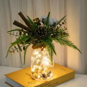 /플라워트리 크리스마스 장식 목화 조화 화병 LED 솔방울 set 28cm