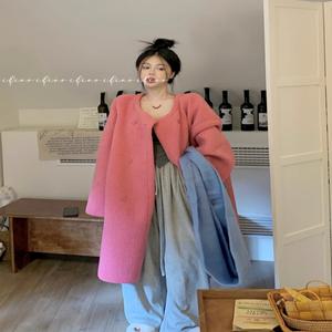 셀_여성 긴 모피 코트 양털 인조 핑크 스웨이드 퍼 일체 여 가을 겨울 고급스러움을 도톰하게 살린 박시 롱