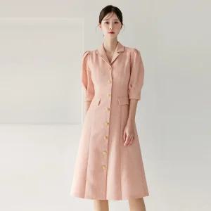 [시크라인] (~XXL까지) 허니젠 퍼프소매 오픈형 트위드 원피스 봄 가을 오피스룩 하객룩 데이트룩 모임룩 빅사이즈