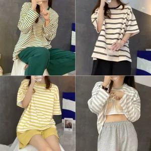 스트라이프 캡 내장 패드 긴팔 반팔 잠옷 파자마 홈웨어