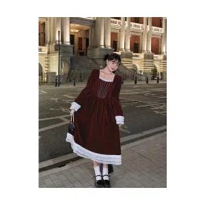 여자원피스 숏겨울 레이스패치 벨벳 빈티지 원피스 빅사이즈 ADOR4