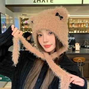 고양이 모자 귀마개 리본 목도리 뽀글이 귀여운 털 귀도리 방한제품 애니멀