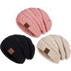 겨울용 여성 비니 3팩, 여성용 슬루시 비니, 오버사이즈 니트 웜, 추운 날씨에 두꺼운 겨울 모자 블랙 오트밀 핑크 -001