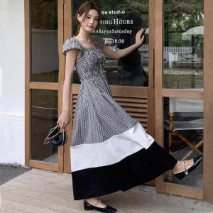 패턴 체크 캐주얼 투톤 배색 스모크 밴딩 원피스