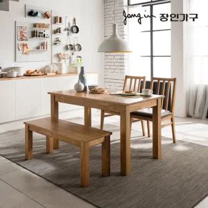 장인가구 웰리스D 고무나무 원목 4인 식탁세트 의자2 벤치1