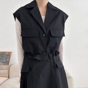 [기타]여자 브이넥 카라 허리 스트링 박시 크롭 조끼