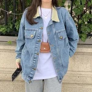 걸스 데일리 박시핏 트리밍 폴로카라 데일리룩진 데님재킷 (WFK1Z9O)