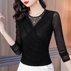 라인댄스상의 라운드넥 망사 메쉬 댄스복 긴팔 줌바 연습복 탱고