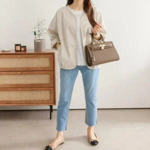 여자 여름 린넨 노카라 베이직 린넨 오픈 자켓_4