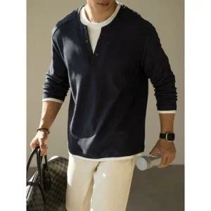 남성용 브이넥티 빈티지브이넥핸드버튼가짜 투피스 니트 가을 캐주얼 긴팔 티셔츠 힛템