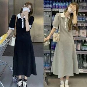 [하프클럽/]카라배색 반팔 롱 원피스 HH-D83