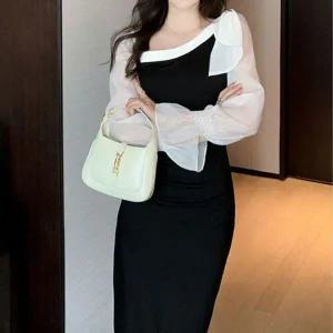 [하프클럽/]프릴소매 화이트 언발란스한 넥라인 포인트 롱원피스