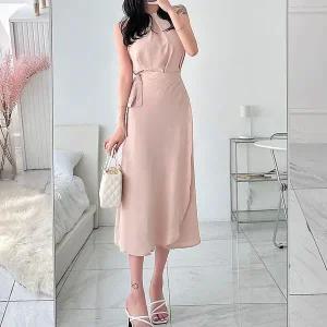 [하프클럽/]여자 페미닌 홀터넥 셔링 랩 롱스커트 세트