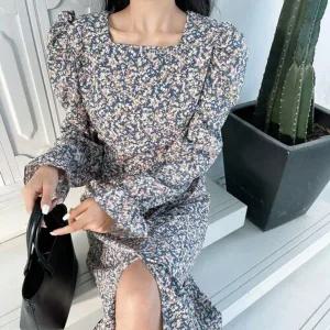 [하프클럽/]플로럴 스퀘어넥 트임 리본 롱원피스