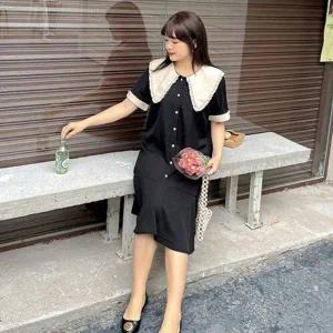 [하프클럽/]여성 정장핏 밑단프릴 심플 빅카라 반팔 미디 원피스