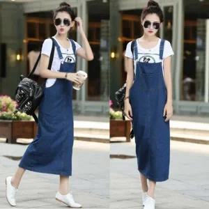 [하프클럽/]여행 공항 패션 데일리룩 코디 캐주얼 진청 멜빵 치마