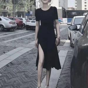 [하프클럽/]여자 반팔 롱 원피스 옆 트임 루즈핏 라운드넥