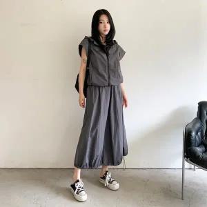 [하프클럽/]여자 바스락 오버핏 후드 민소매 집업 롱스커트 세트