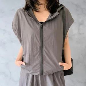 [하프클럽/]여성 바스락 오버사이즈 후드 민소매 집업 롱스커트 세트