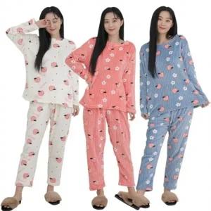 여성 골지 수면 복숭아 잠옷 세트 겨울 스판 주니어 학생 밍크 캐릭터 부드러운 원단