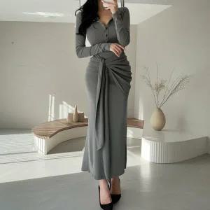 여성 무지컬러 트임 버튼 스트랩 셔링 롱 원피스