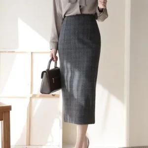 여자 겨울출근룩 H라인 뒤트임 빅사이즈 체크 롱스커트