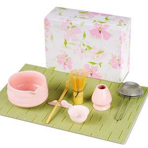 글리엔플럭스 핑크 말차 세트, 도자기 사쿠라 티컵 거품기 세트 8개, 볼, 및 홀더, 대나무 스쿱, 스쿱 휴식, 체, 티 매트 - 애호가를 위한 선물