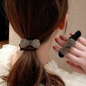예쁜 여성 큐빅 리본 얇은 곱창밴드 머리끈 스크런치 겨울집게핀 털집게핀