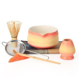 보나하스트 말차 그릇 및 거품기 세트 - 7피스 키트 대나무 말차 거품기(차센), 세라믹 차완, 체 및 홀더 - 올인원 말차 만들기 키트 오렌지