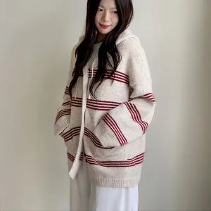 핫핑 [도톰폭닥/헤어리] 루네브 스트라이프 후드 긴팔 니트가디건