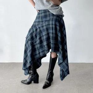 [하프클럽/]여자 가을 프릴 레이어드 캉캉 언발 체크 롱스커트