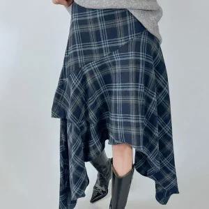 [하프클럽/]여자 가을 프릴 레이어드 캉캉 언발 체크 롱스커트