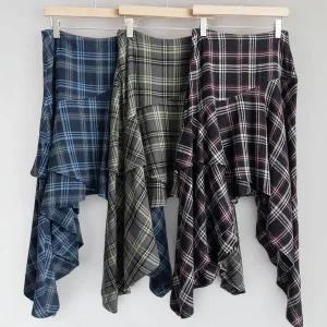 [하프클럽/]여자 가을 프릴 레이어드 캉캉 언발 체크 롱스커트