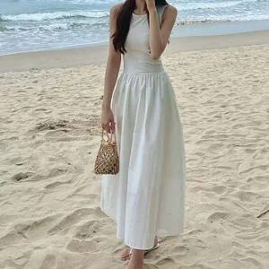 (당일발송/44-66반) 민소매 레이어드 플레어 롱원피스