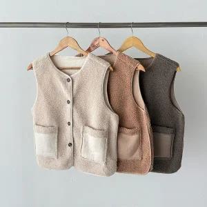 |CSJ69A5|여자 뽀글이 배색 스웨이드포켓 단추 겨울 양털 조끼