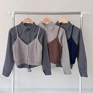 [옷자락]여성 체크셔츠 레이어드 니트 뷔스티에 세트