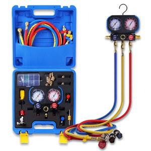 Rogvoc AC 게이지, R22 /R410a /R134a 냉매용 매니폴드 게이지 세트, R22 R410a 안전 밸브가 장착된 3방향 HVAC 냉매 5FT 호스, R134a 어댑터, 캔