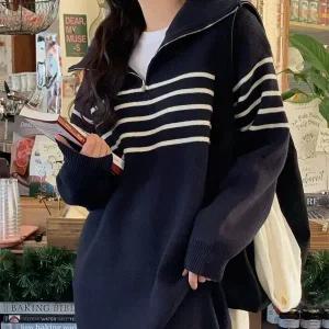 핫핑 [포근따뜻/꾸안꾸] 리볼 스트라이프 배색 반집업 니트롱원피스