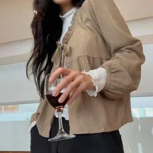 핫핑 [구김걱정NO] 아린 U넥 리보닝 링클주름 프릴 긴팔 가디건 블라우스