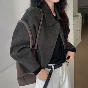 핫핑 [울67%/하객룩] 로그트 카라넥 핸드메이드 울 숏코트