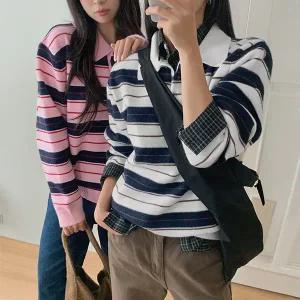 핫핑 [럭비니트] 우브니 루즈핏 배색 스트라이프 카라넥 긴팔니트티