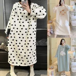 [제이커머스]겨울 긴팔 극세사 홈웨어 포근한 원피스 수면 잠옷 수면잠옷 원피스잠옷 수면원피스 러블리원