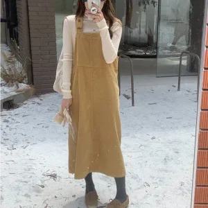 비욘드라이프 멜빵 코듀로이 롱 원피스