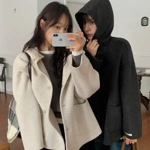 핫핑 [울80%] 에토니 하이넥 후드 핸드메이드 울 하프코트