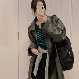 핫핑 [ICH] 프로퍼 ich자수 오버핏 싱글 레더 블레이저 하프자켓