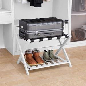스마트 펜디 완전히 조립된 흰색 대나무 러기지 랙, 신발 선반이 있는 스트랩 접이식 여행 가방 스탠드, 객실, 침실, 호텔용 헤비 듀티 우드 대형 홀더