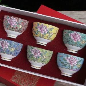 다도찻잔내열유리 다기 80ml 레트로 6p세트 플라워 작약 내열유리잔 도자기 꽃무늬 고급 선물용 예쁜opq819